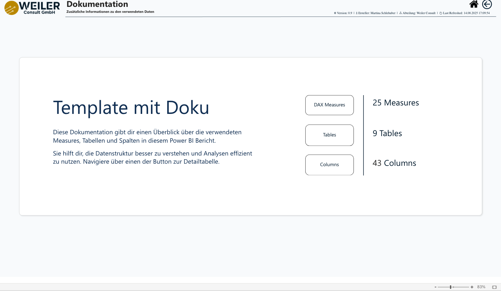 Doku-Seite der Vorlage mit Kacheln für DAX Measures, Tabellen und Spalten samt Anzahl