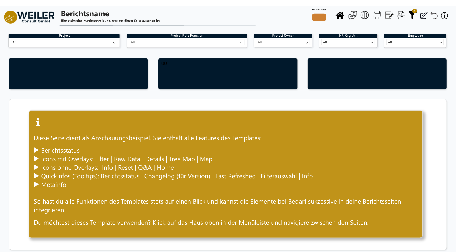Screenshot der Vorlage: Kopfzeile mit Berichtsstatus, Funktionsleiste mit zehn Icons, Filterzeile, Kennzahlkacheln und Info-Overlay mit der Feature-Liste